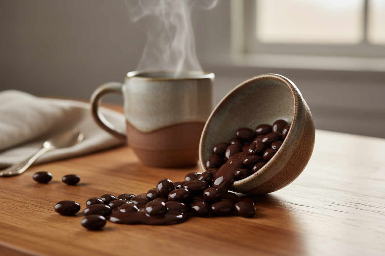 Chocolate covered espresso coffee beans in a rustic ceramic bowl with a steaming coffee mug in the background, warm morning light